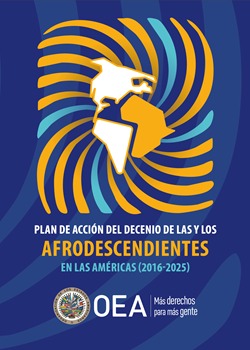 Continentes americano y africano en blanco y anaranjado, título, logo OEA
