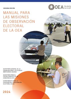 Portada del Manual muestra 3 fotos de observadores de la OEA en acción
